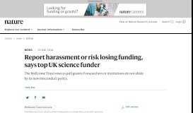 
							         Report harassment or risk losing funding, says top UK science funder								  
							    