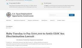 
							         Ruby Tuesday to Pay $100,000 to Settle EEOC Sex Discrimination ...								  
							    