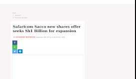 
							         Safaricom Sacco new shares offer seeks Sh1 Billion for expansion ...								  
							    