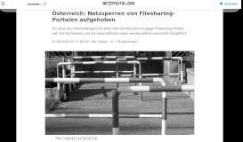 
							         Österreich: Netzsperren von Filesharing-Portalen aufgehoben ...								  
							    