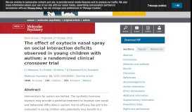 
							         The effect of oxytocin nasal spray on social interaction deficits ... - Nature								  
							    