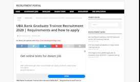 
							         UBA Bank Graduate Trainee Recruitment 2019 ... - Recruitment Portal								  
							    
