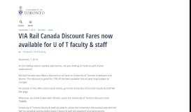 
							         VIA Rail Canada Discount Fares now available for U of T faculty & staff ...								  
							    