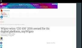 
							         Wipro wins 'CIO 100' 2016 award for its digital platform, myWipro | ITWeb								  
							    