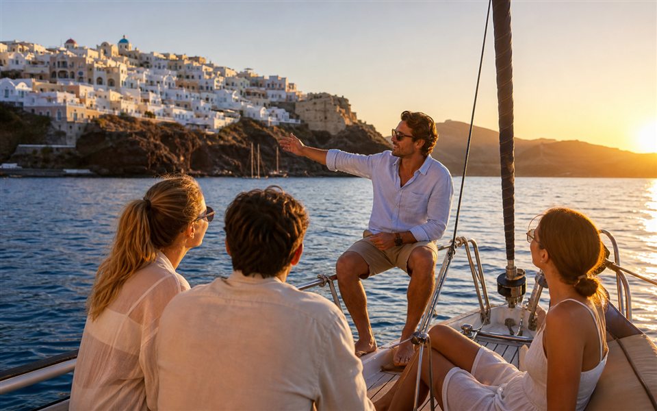 Small sailing group near Santorini cliffs and bright blue water