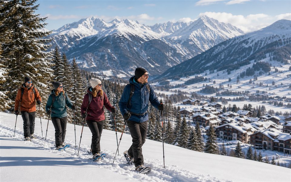 Guided alpine snowshoe walk with a small group in snowy mountains