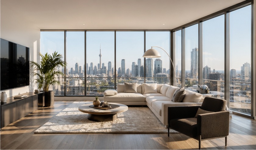Penthouse living room with Toronto skyline views