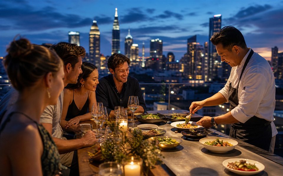 Elegant rooftop food tasting with chef and Toronto skyline views