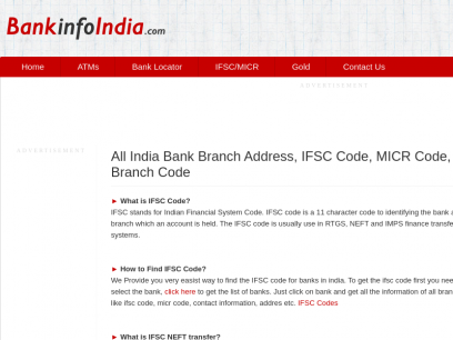 Get IFSC Code, MICR Codes,bank Address, All Bank Branches in India - BankInfoIndia.com