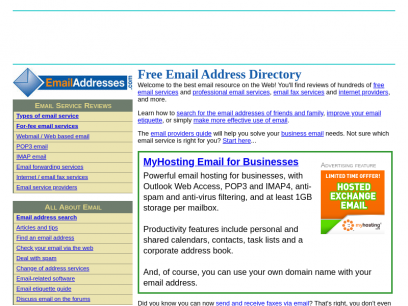 Free Email Address Directory : Guide to free email and other services