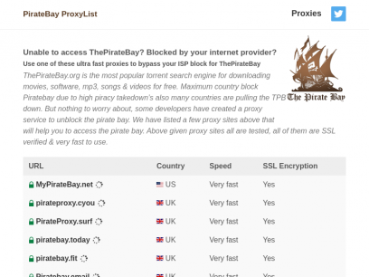 Proxybay Piratebay Proxylist  - Access to torrents via Fast PirateBay Proxies