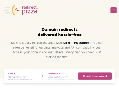 Domain redirects delivered hassle-free - redirect.pizza