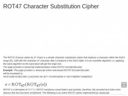 ROT47 Encode/Decode, ROT47 Character Substitution Cipher with API