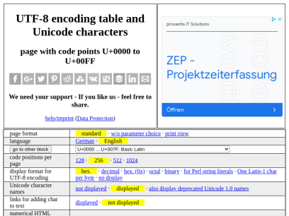 Unicode/UTF-8-character table