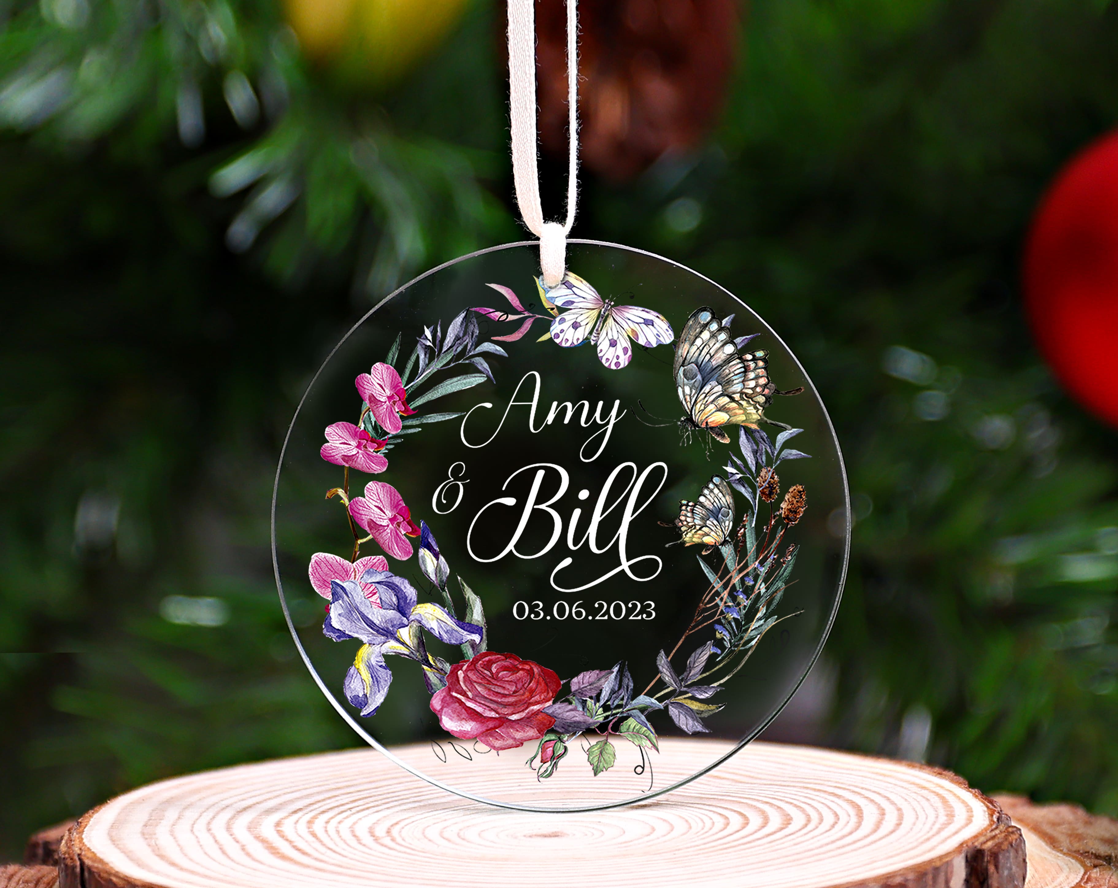 Wedding GLASS Ornament, Custom Married Ornament, Botanical Glass Ornament, Newlywed Floral Gift, Mr and Mrs Ornament, Bridal Shower Gift (Copy)