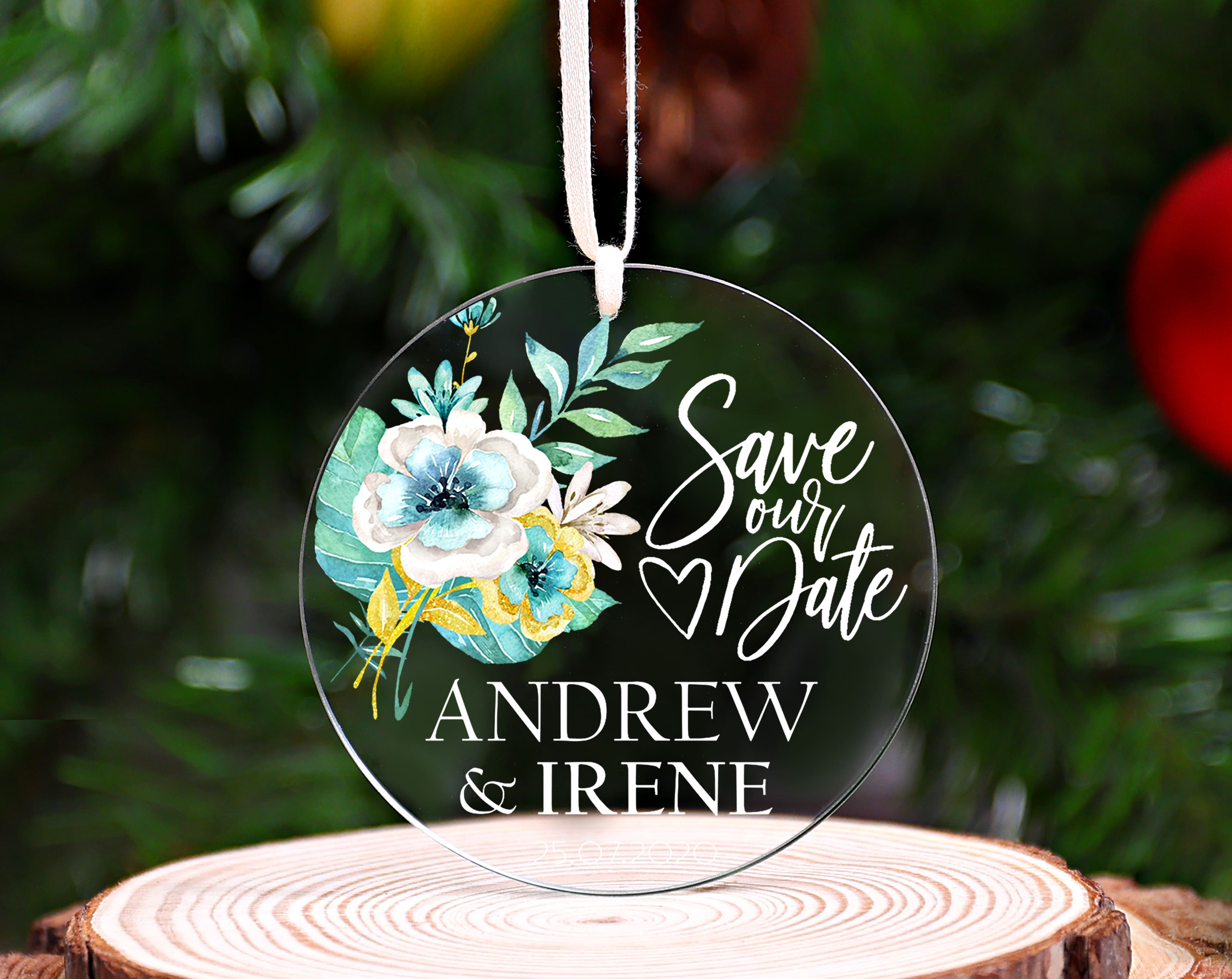 Personalized GLASS Wedding Ornament, Engraved Floral Ornament, Newlywed Gift, Engraved Couple Gift, Engagement Keepsake, Gift For Bride (Copy)