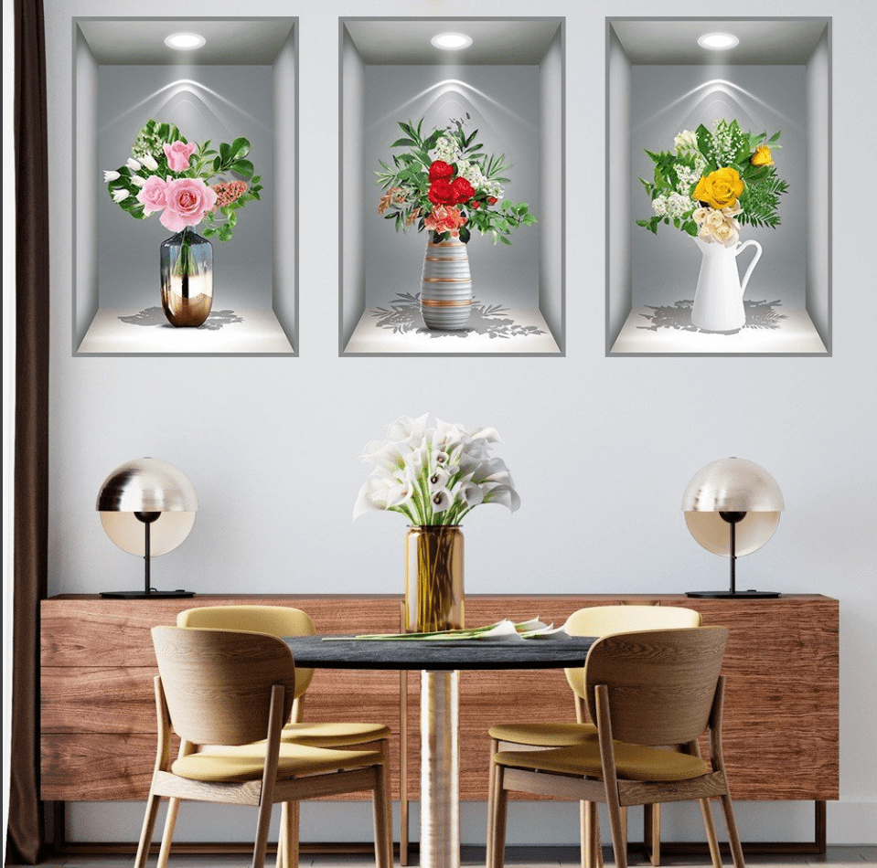 Set of THREE 3D Flower Vase Posters Decal for Captivating Home Decor – Vibrant Blooms