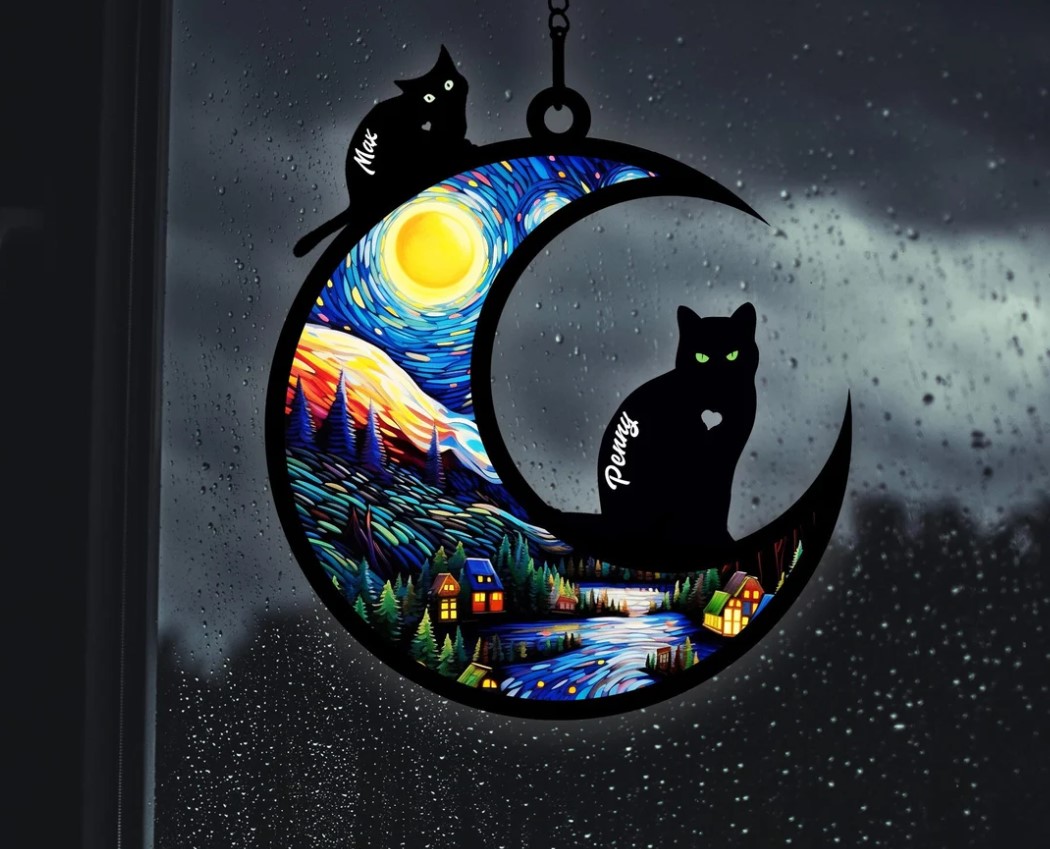 NEW! Cat Memorial Suncatcher | Handmade Custom Name Cat Decor | Loss of Pet Sympathy Gift, Engraved Cat Lovers, Gift for Mothers Birthday