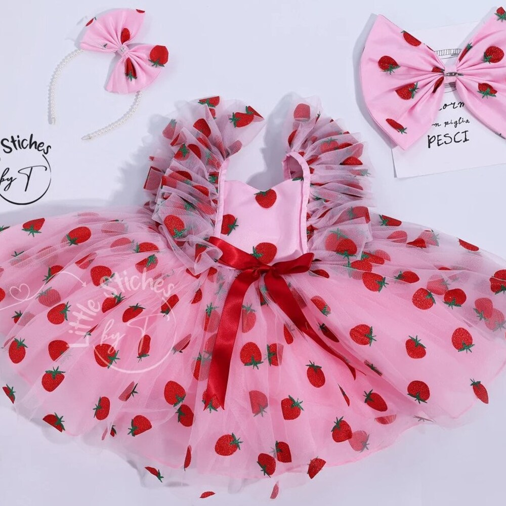 FLUFFY BABY DRESS | Red Flower Strawberry Print Baby Dresses | Baby Birthday Outfit | Gift For Baby Girls | Fruit Print Elegant Baby Dress