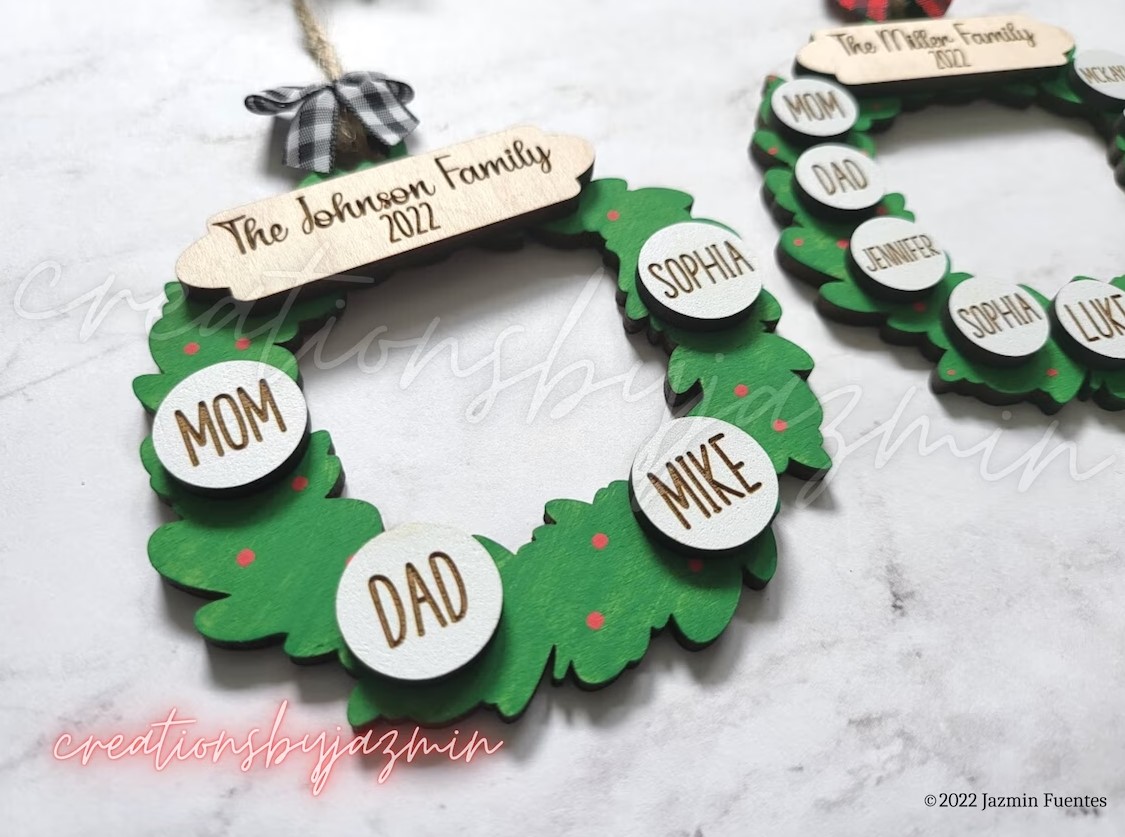 Personalized Family Christmas Ornaments, 2023 Wood Garland Wreath Ornament With
