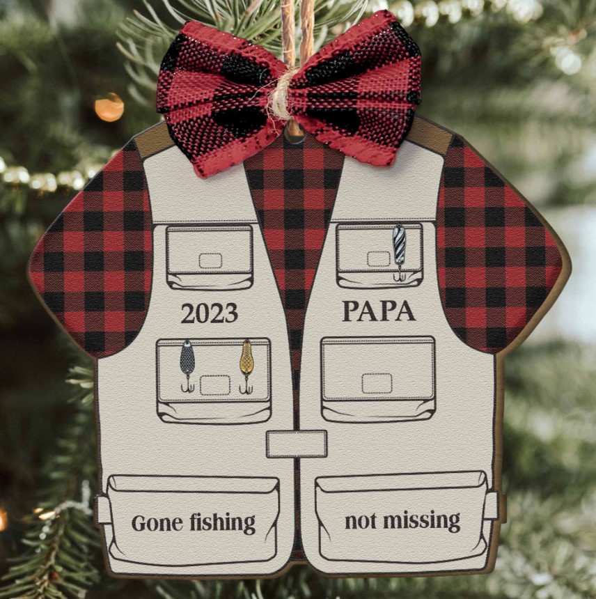 Fishing Vest – Personalized Wooden Ornament With Bow