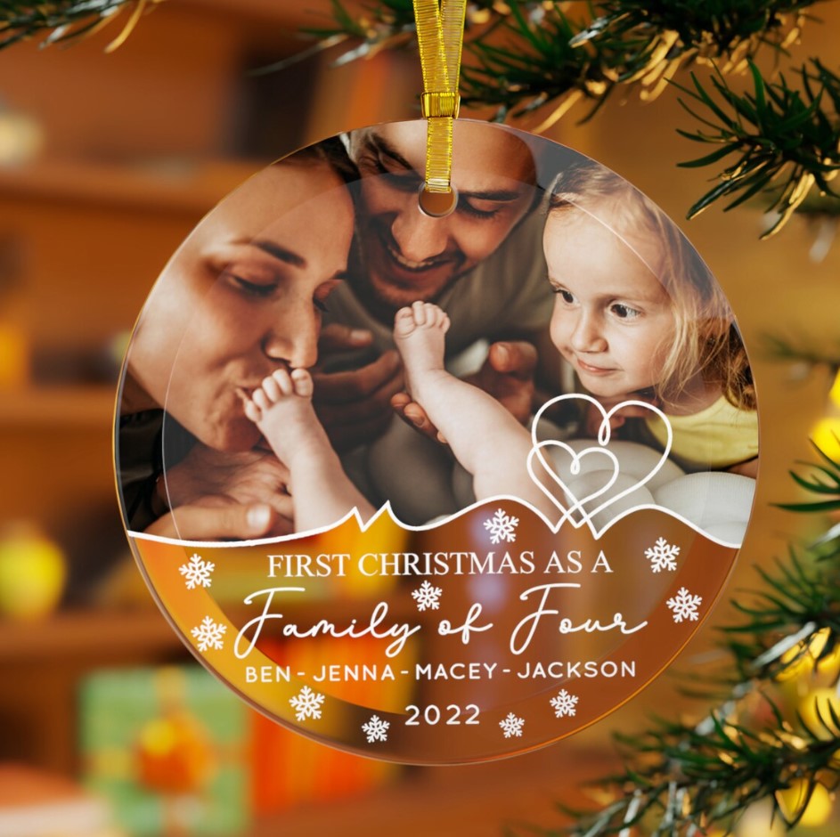 First Christmas As A Family Of Four Glass Ornament, Personalized Ornament, Baby’s First Christmas Ornament, New Baby Gift, New Parents