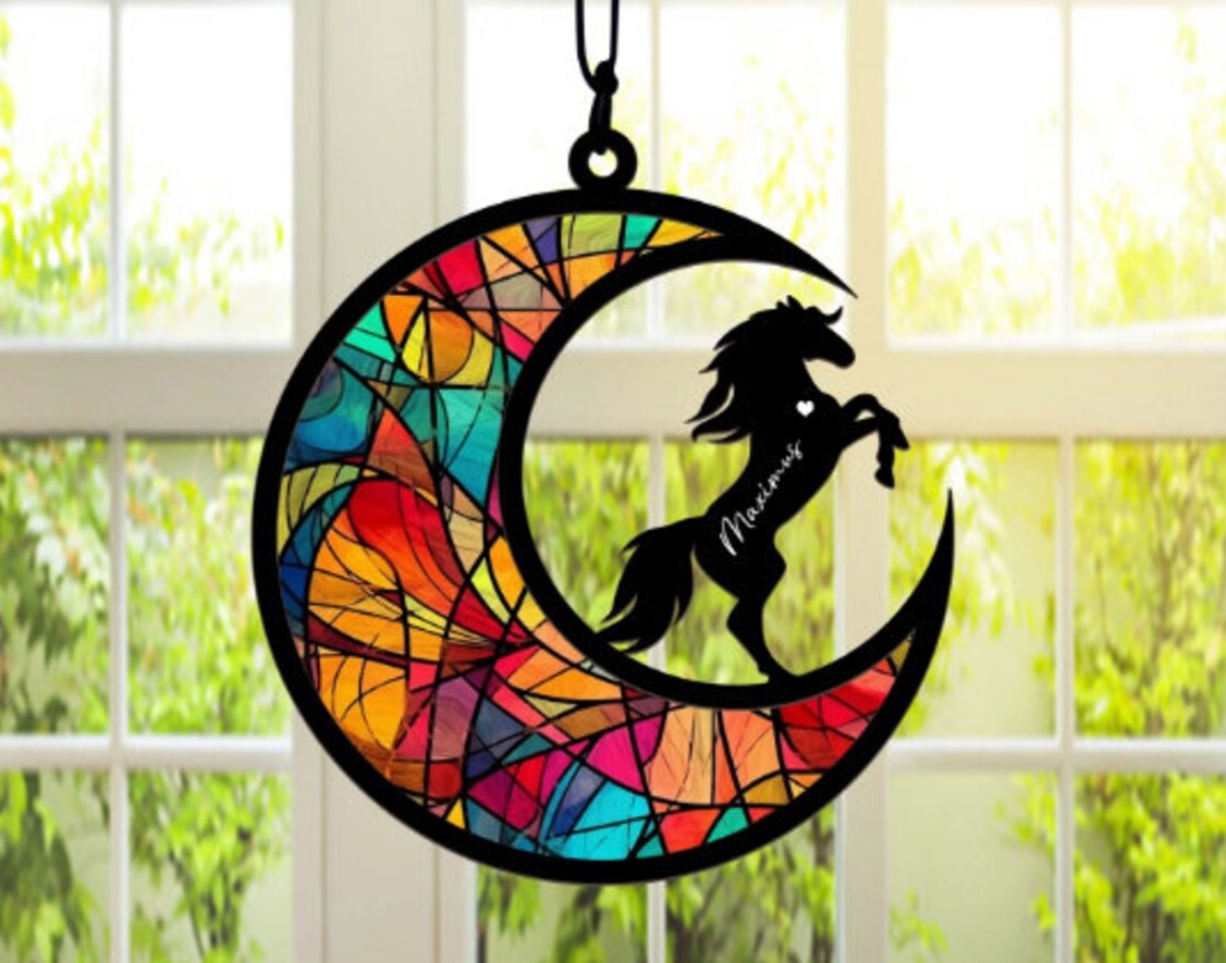 Personalized Horse Lover Gift Custom Name Girl and Horse Hanging Suncatcher Ornament