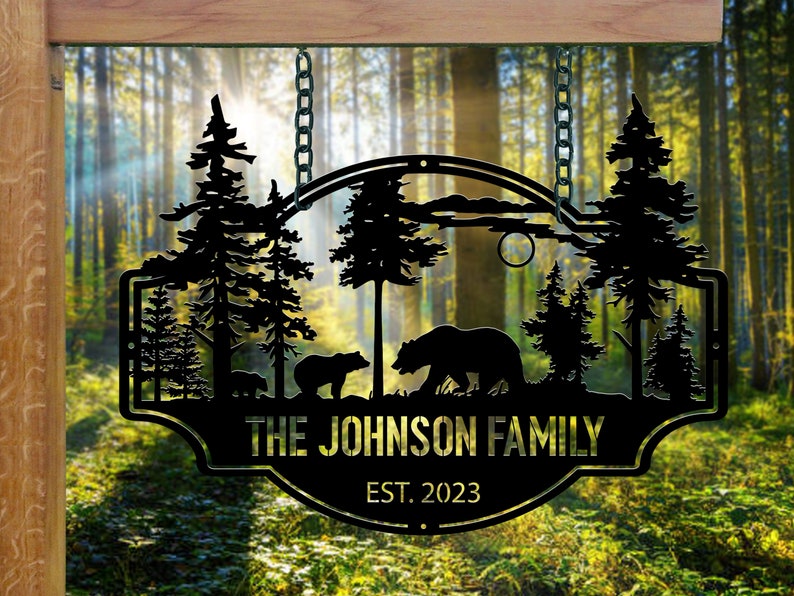 Bear Personalized Metal Sign,Bear In Woods Cabin Sign,Family Name Black Bear Sign,Personalized Bear Sign Dad Gift