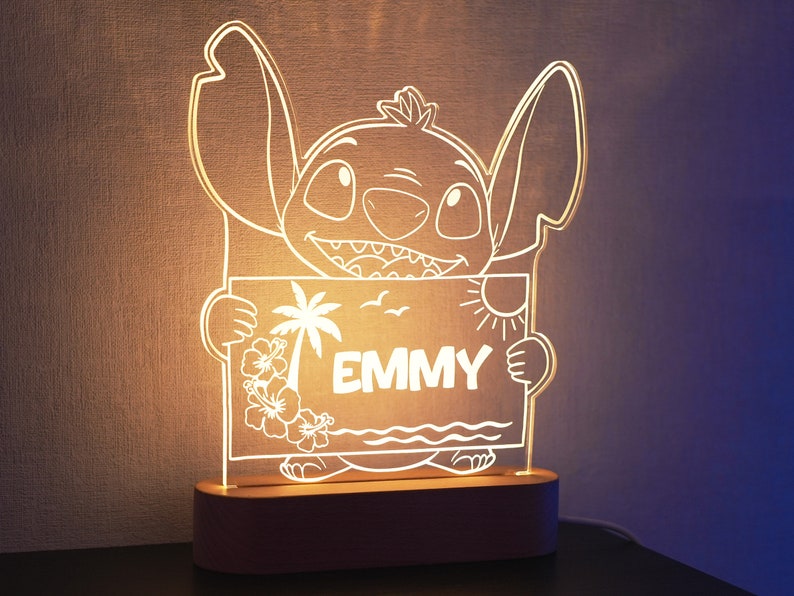 Personalized Stitch night light with first name gift idea, personalized Stitch lamp for children’s room, 3D luminous wood LED decoration