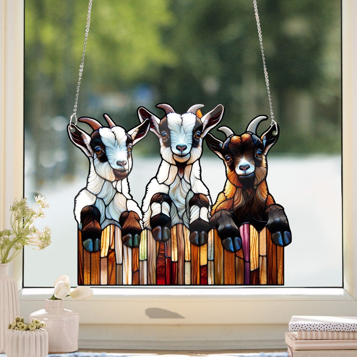 3 curious goats ACRYLIC window hanging, Farmhouse Hanging, Gift for farmer,