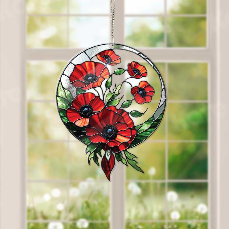 Red Poppies Flower ACRYLIC Window Hanging,, Poppy Flower, Celestial Flowers Pot, Gift For Her