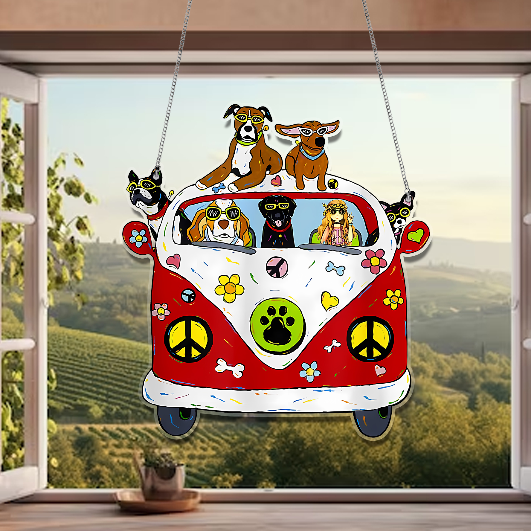 Dogs Hippie Car Acrylic Window Hanging, Gift For Dog Lover’s, Dog Decoration, Hippie Car Decor, Gift For Dog Love’s, Housewarming Decor