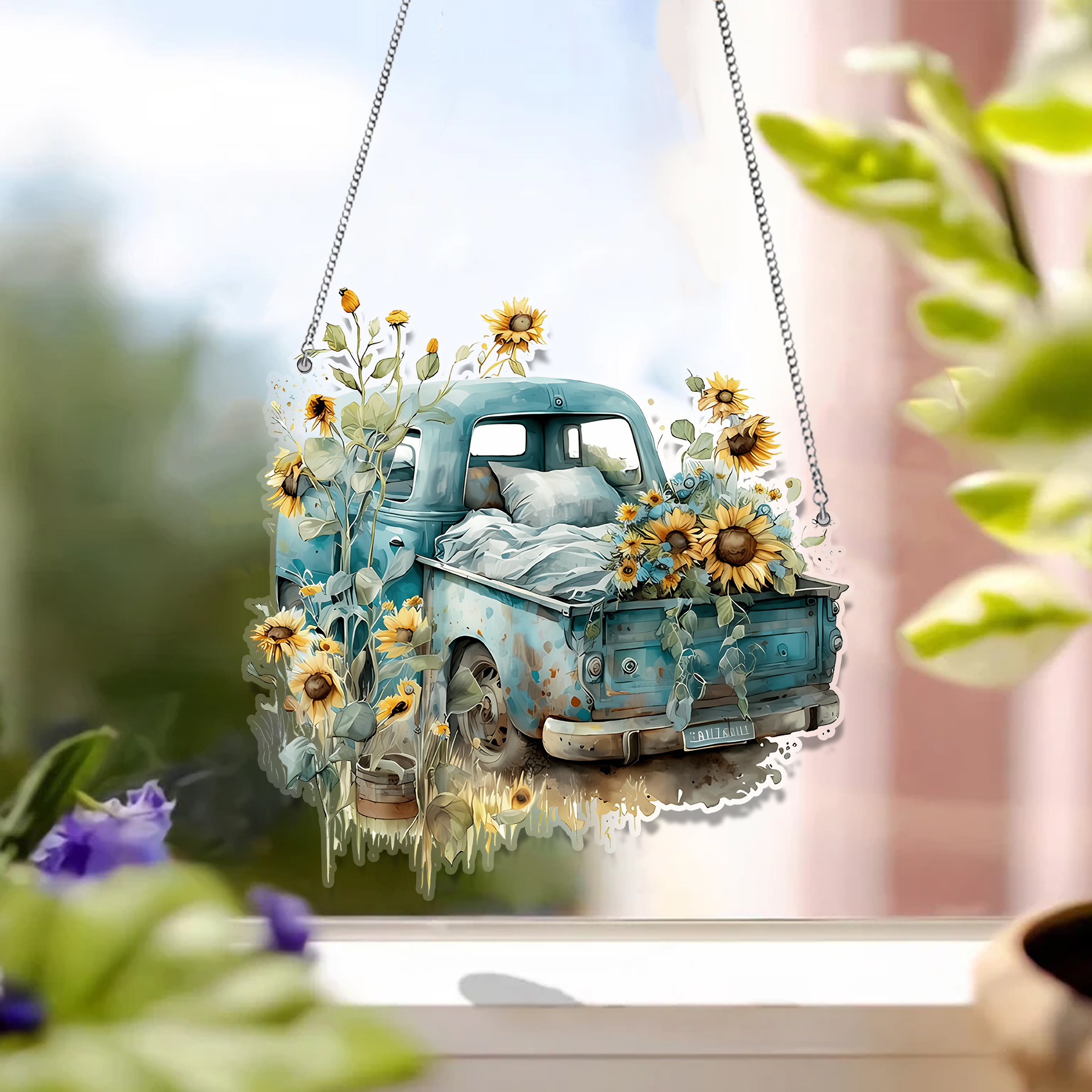Blue Vintage Truck Sunflower Acrylic
