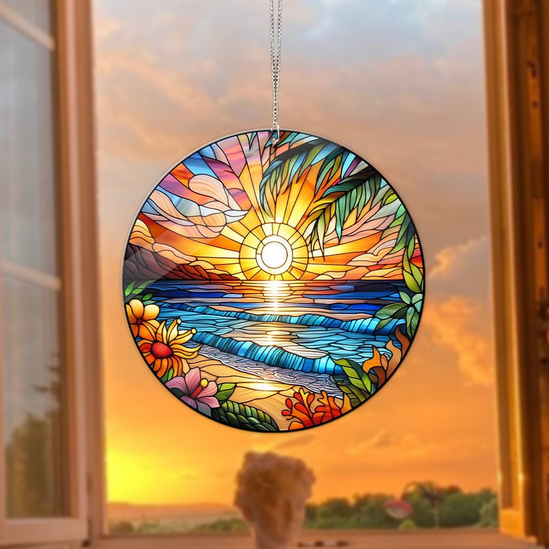 Beach Sunset Acrylic Window Hangings, Faux Stained Glass, Home Decor, Gift For Her, Summer vibes, Beach landscape