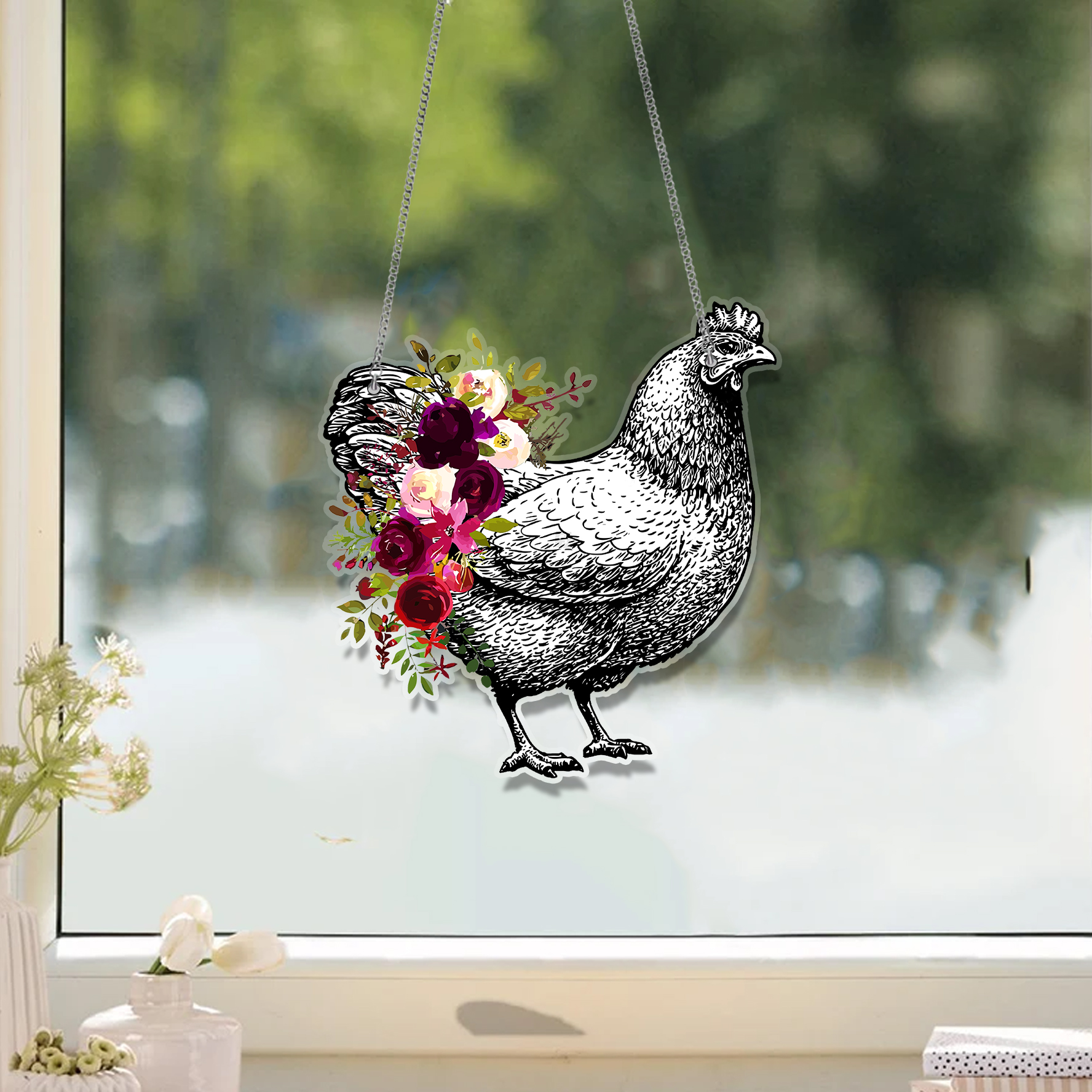 Chicken Hen Flowers ACRYLIC  Window Hanging, Rooster Home Decor, Chicken Gift, Farmhouse decor, farm Lover, Yard Decor