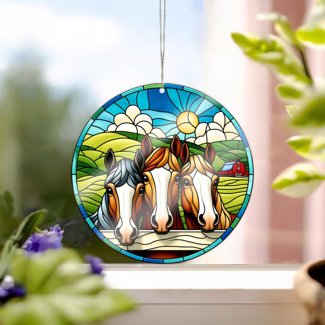 Funny 3 Horses peeking Acrylic Window Hanging, Horse Decoration, Horse Lovers,