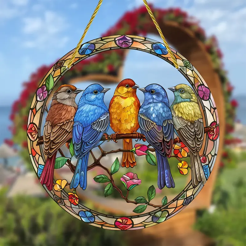 Five Bird Colorful Stained Glass Acrylic Window