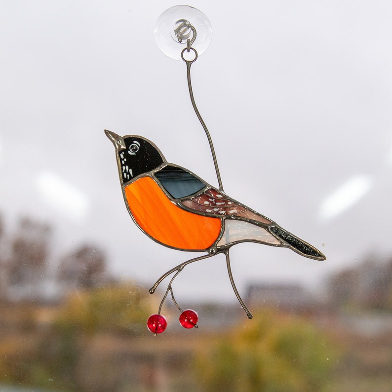 Bird artwork stained glass window hangings Gifts for mom American robin stained glass yard art Glassmasters stained glass ornament, Gitf For Bird Lover's
