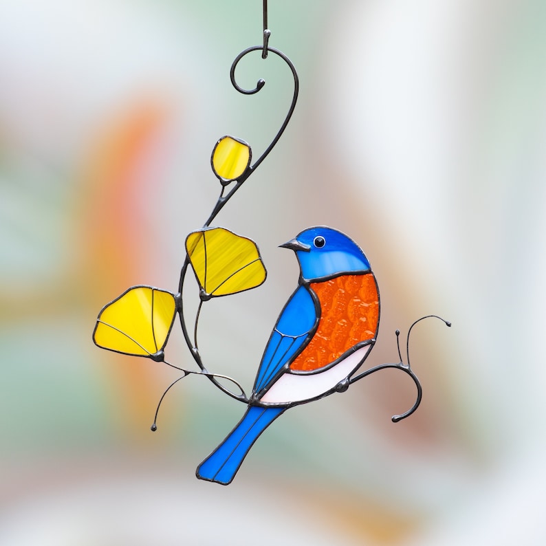 Stained glass bird suncatcher Gift for mom Eastern bluebird stained glass window hangings Custom stained glass light catcher, Gitf For Bird Lover's