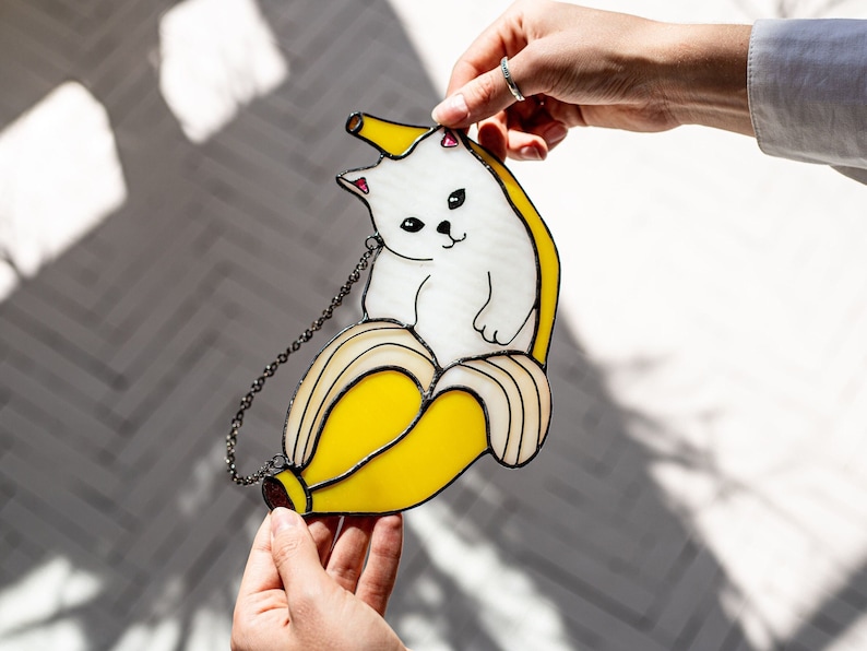 Cat in banana Stained Glass Suncather. Kitchen decor, funny wall sun catcher, nursery decor, window hangings, Home Decor, Gitf For Cat Lover's
