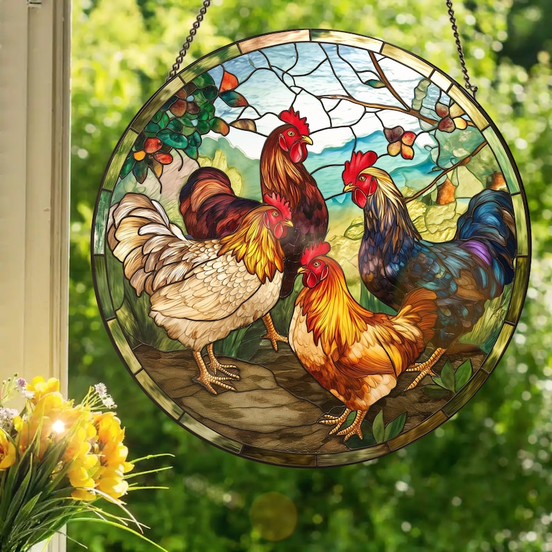 Backyard Chickens: Stained Glass Style Wall or Window Hanging, Gift For Chickens Lover's, Ranch Life, Farm Decor