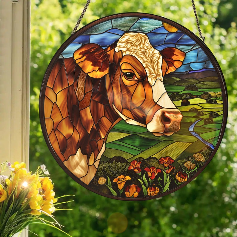 Brown Cow: Stained Glass Style Wall or Window Hanging, Gift For Cow Lover's, Ranch Life, Farm Decor