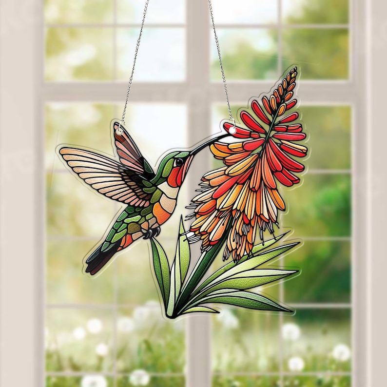 Hummingbird and hot Red poker Flower ACRYLIC window hanging, Wall Art, Acrylic Window Hanging, Humingbird Lover's Gift