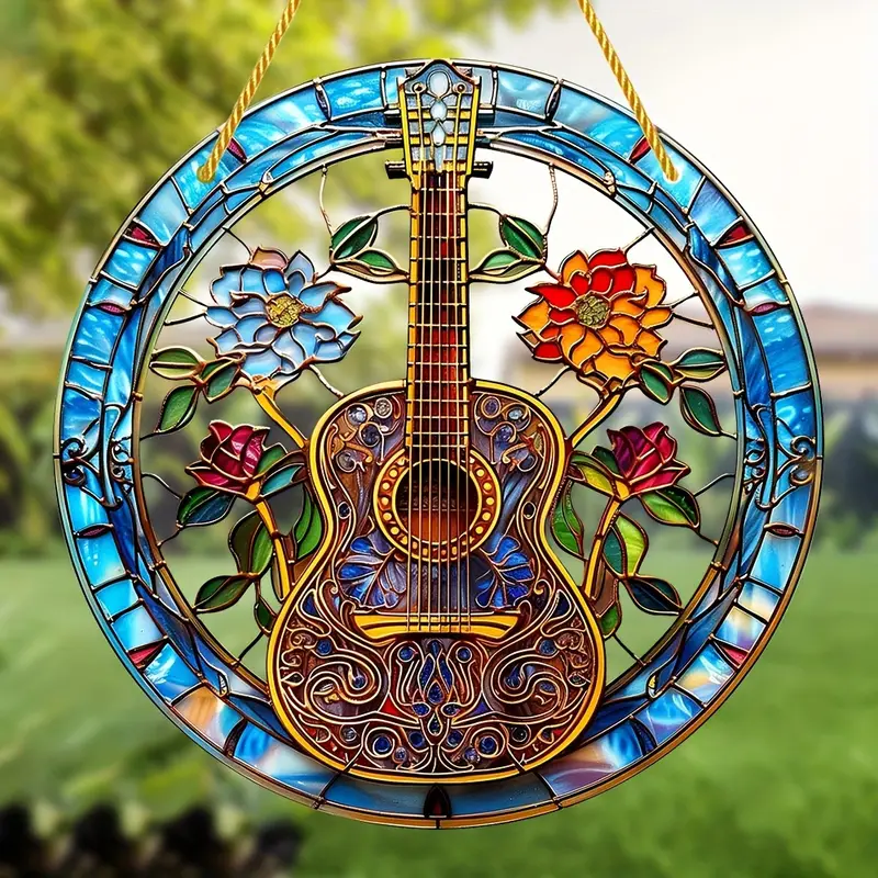 Guitar Hippie Flower Acrylic Window Hanging