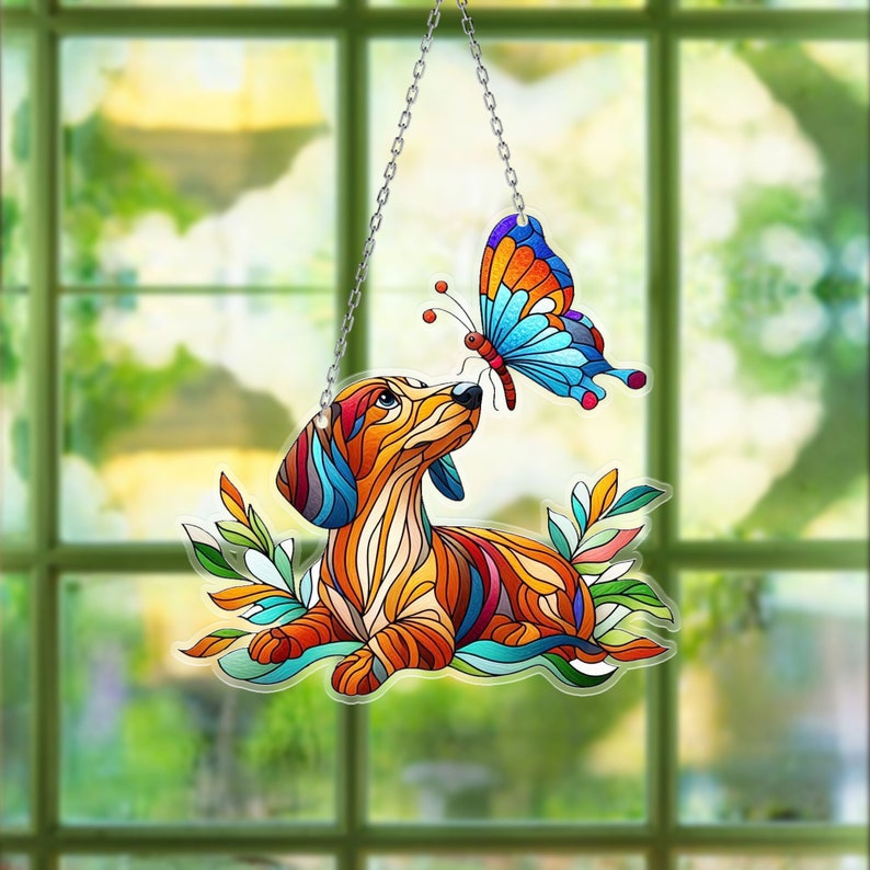 Dachshund and Butterfly Window Hanging, Dog Mom Gift, Dog Lover Gift, Dachshund ACRYLIC Window Hanging, Dachshund Lover Gift