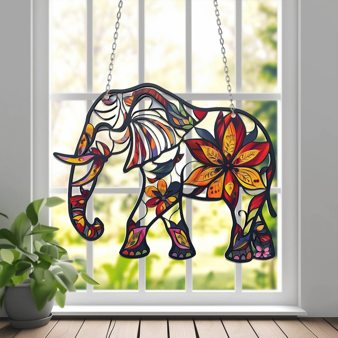 lephant And Flower Acrylic Window Hanging