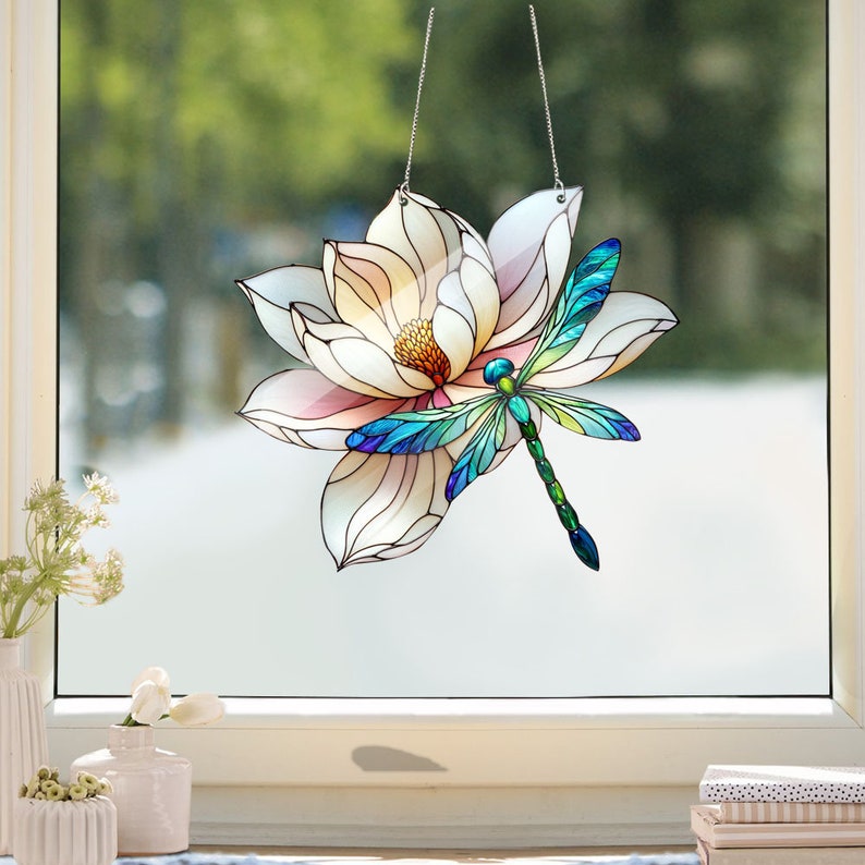 Dragonfly Acrylic Window Hanging, Lotus and Dragonfly Art, Kitchen decor, Mother’s day gift