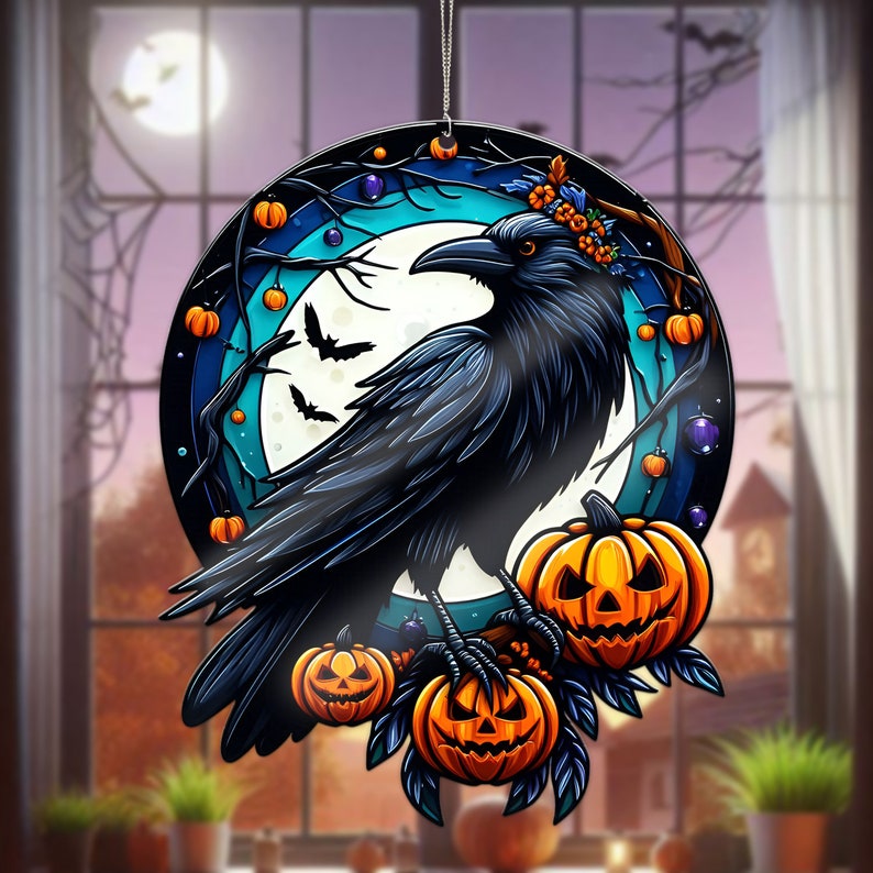 Raven Halloween Acrylic Window Hanging, Raven Halloween Decor, Halloween Decoration, Gift For Her, Gift For Garden