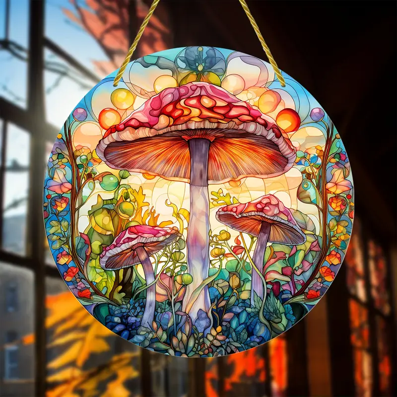 Mushroom Colorful Leaves Acrylic Window Hanging Decor, Mushroom Window Hangings, Mushroom Mom Decoration, Mushroom Hippie