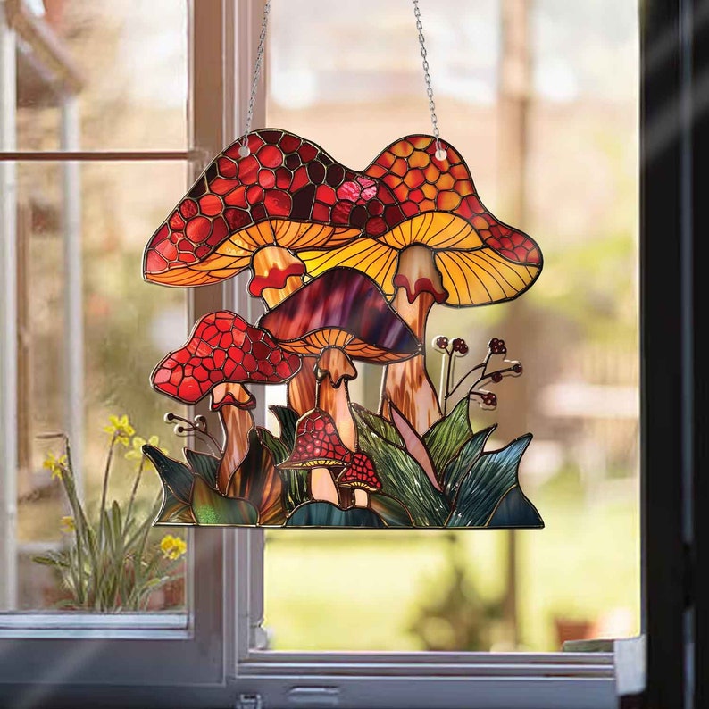 Mushroom Colorful Leaves Acrylic Window Hanging Decor, Mushroom Window Hangings, Mushroom Mom Decoration, Mushroom Hippie